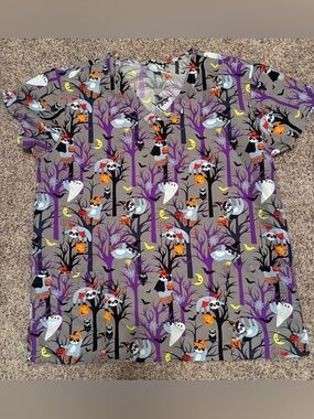 Gabby Brooke Halloween Large Scrub Top Sloths Owl Ghost Night Pockets